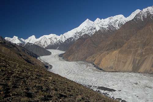View South along the Yazghil Glacier to the Hispar Muztagh