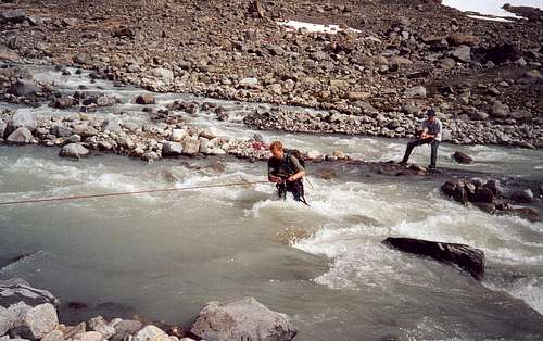 Crossing a glacier river