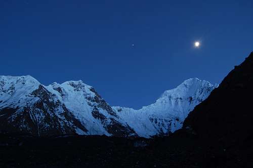 Shimshal Whitehorn (right) at nightime from our base camp at around 4400m