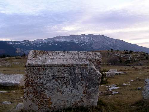 Ancient Bogumil's tombstones ( stecak )  , Cvrsnica in the background. November 2006