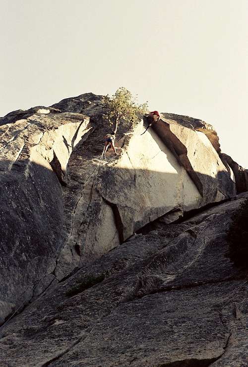 Malcolm Best and Greg Smith climbing the second pitch of Flower at High Rank, Suicide Rock