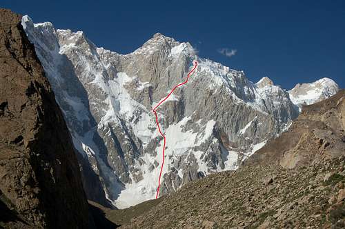 Steve House and Vince Anderson's Route up the SW face of Kunyang Chhish East