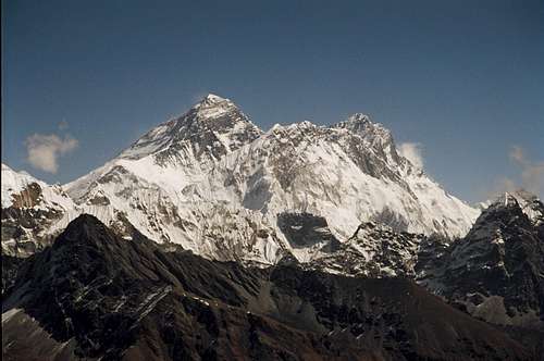 Telephoto of Everest, Nuptse and Lhotse from the Renjo La
