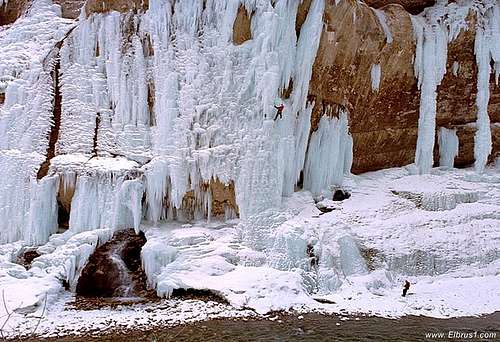 Ice-climbing in Chegem waterfalls in Central Caucasus