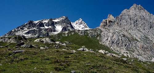 The double summits of  Pyramids Calcaires and in the background Aiguille des Glaciers <i>3817m</i>