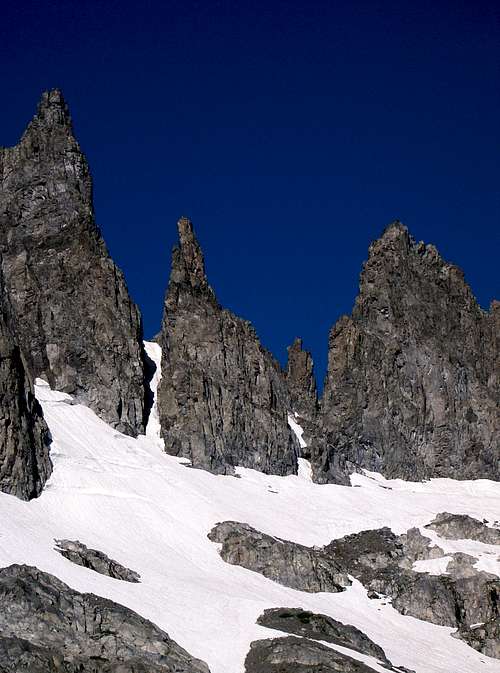 Dawson, Dyer, and Jensen Minarets from Cecile Lake