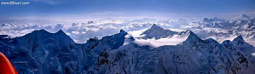 Panorama of Bezengi wall with Katyn and Gestola, together with Elbrus and Ushba (right side up), as seen from rescue helicopter frm 5000 m