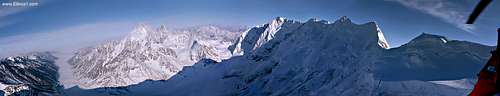 Panorama view of Bezengi glacier, Dykh-Tau and Bezengi wall, coming to Katyn huge ice fall, as seen from rescue helicpter from 5000 m