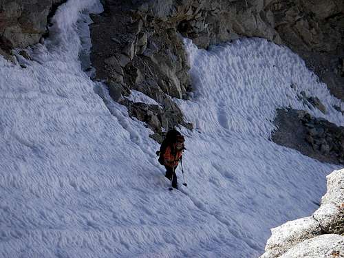 Swiss Miss Crossing the Chute Below Forester Pass