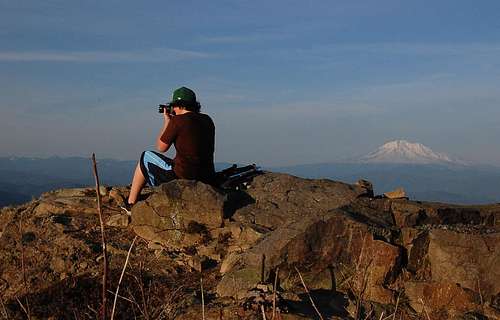 My son taking a picture of St. Helens while Mt. Adams sits in the background