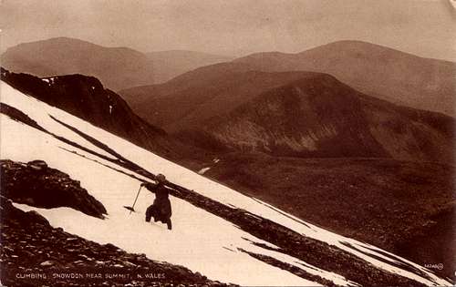 Mountaineer near the summit of Snowdon circa 1930
