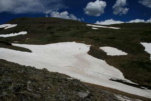 large snowfield below Tobacco Lake
