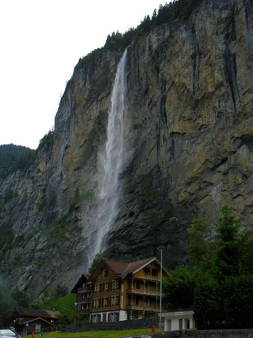 Waterfall over Lauterbrunnen hotel