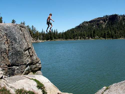 Ian jumping into Round Lake (southwest side) in the Desolation Wilderness