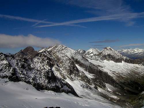 View to the mountains on west side of Roetspitze / Pizzo Rosso, 3495m.