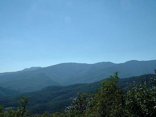 Mount Mitchell (the rounded peak -center), Mount Craig & Big Tom (twin peaks to the right) and Balsam Cone (far right)