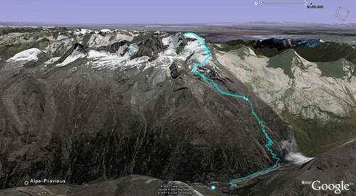 Google screenshot with my GPS track on it showing our route up to Gran Paradiso summit