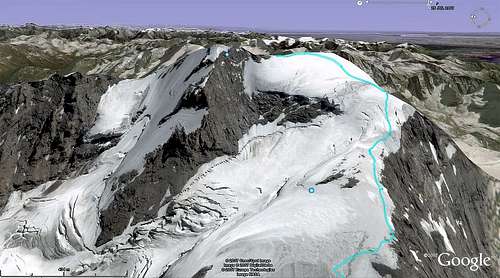 Google screenshot with my GPS track on it showing our route up to Gran Paradiso summit