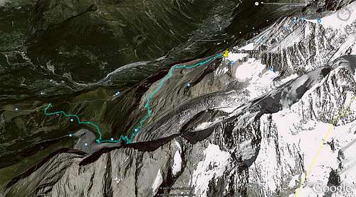Google screenshot with my GPS track on it showing our route up to Tete Rousse hut.