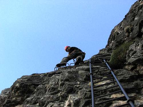 A vertical part of via ferrata Michielli-Strobel on Punta Fiames