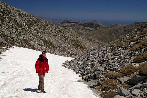 Posing on the snow patches during the ascent