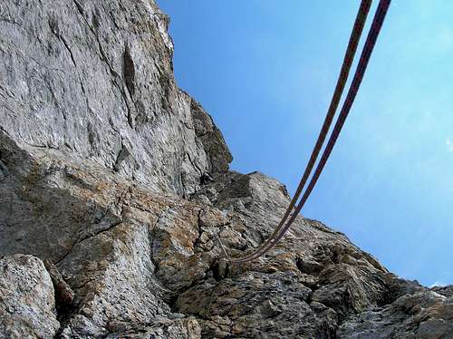 Toby leading the crux 5.9 Dihedral on the Beyer East Face route.