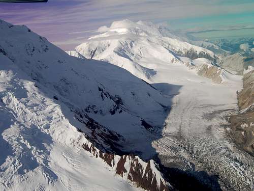 Kahiltna glacier below the Wickersham Wall of Mount McKinley (Denali), and Mount Foraker, in the Alaska Range.