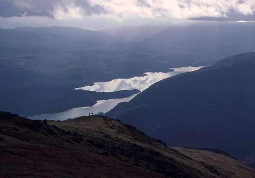 Climbers descending Beinn Eunaich towards Loch Awe