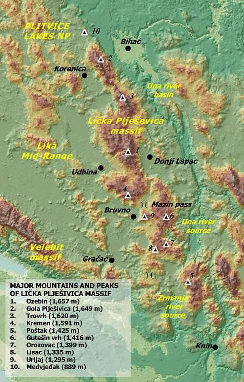 Physical Map of Lička Plješivica massif