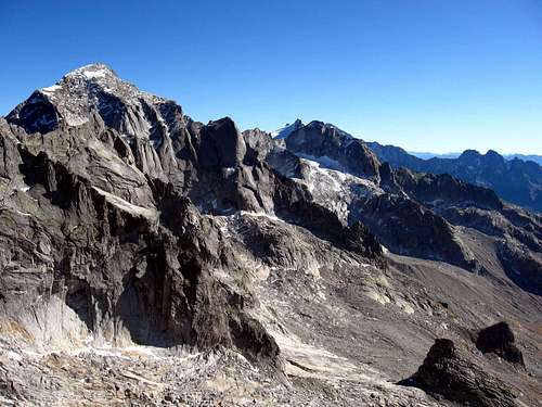 Piz Cengalo on the left and Pizzi del Ferro in the middle.