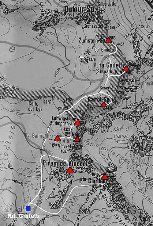 Routes from Gnifetti hut