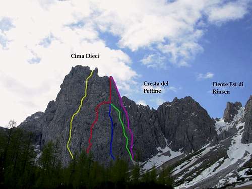 Cima Dieci - Climbing routes on the N-NW face