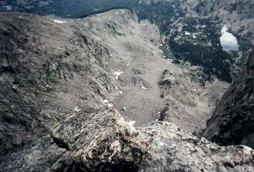 a view down the steep face of...