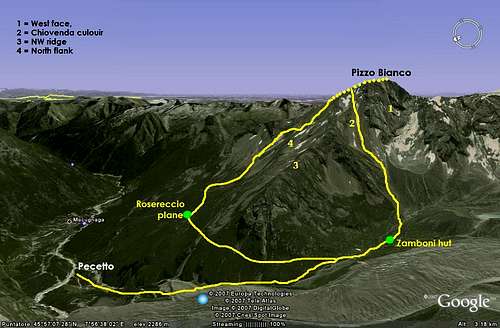 Pizzo Bianco, NW view, routes map.