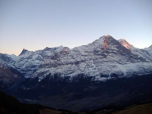 Last light on the Finsteraarhorn (4274 m, far left) and the Eiger