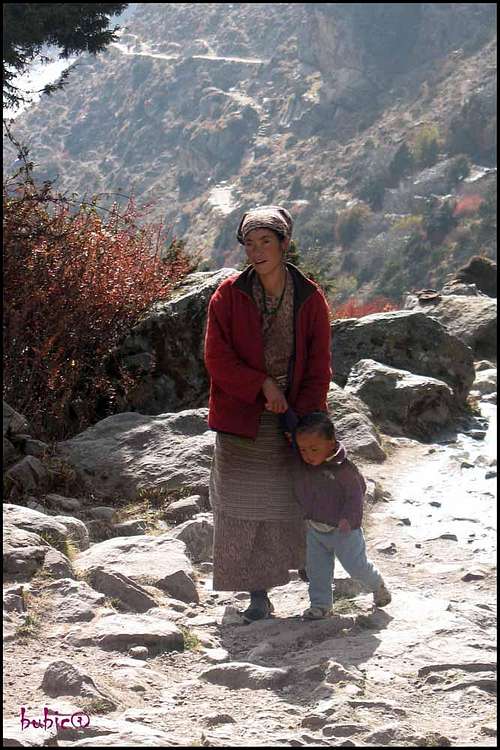 Woman, child and mountain