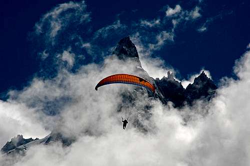Paraglider and a snow plastered Blatiere, Chamonix