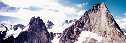 Panorama of the Bugaboos from Cresent Towers