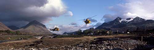 Panorama of a Mountain Rescue helicopter taking off from Sligachan