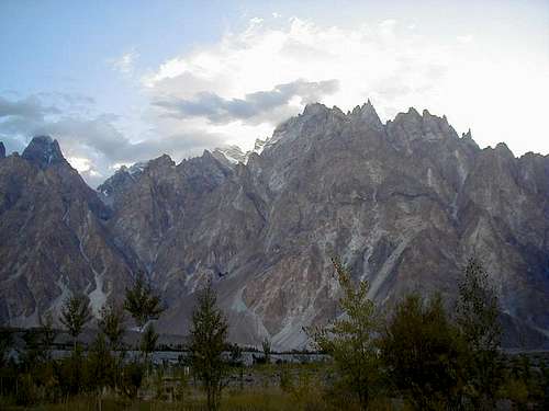 Arched symmetrical pillars of rock from the Passu 'Cathedral' in Gulmit Valley, Karakoram, Pakistan