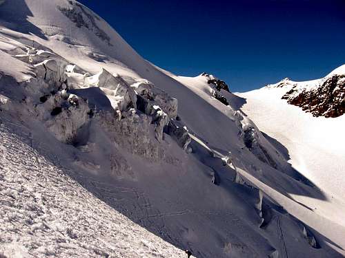 Ski route avoiding the serracs below the summit.