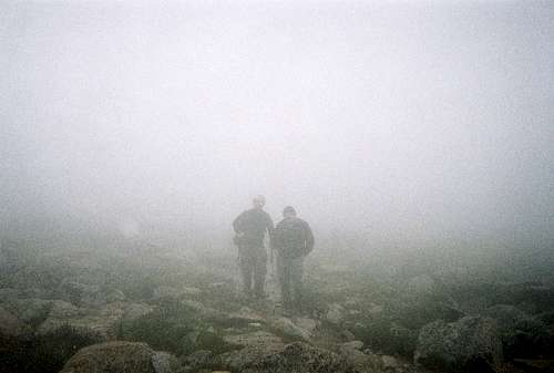 Longs Peak-The Descent-Den and K lost in the fog-Traversing Mount Lady Washington-Before the storm