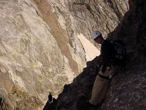 The exposed downclimb to the...