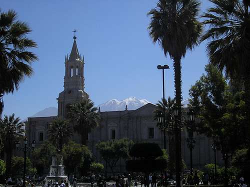 Chachani rising behind the cathedral of Arequipa