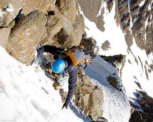 Fabio climbing the final (and hardest) section of Mt. Sneffels via the Snake Couloir