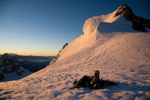 A 4000m bivi with a cup of tea (Tacul at sunrise) with Grandes Jorasses in distance