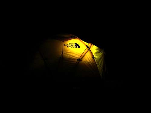 High camp tent at night