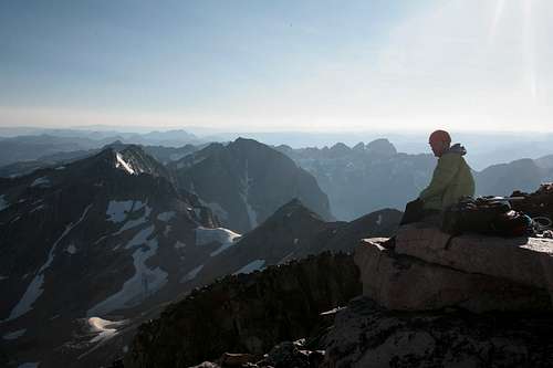 Damon Vrabel on the summit...glacier peak and lowe couloir in background