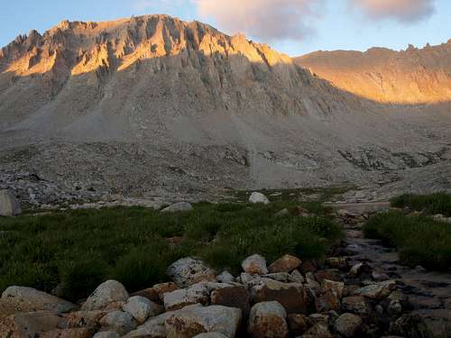 alpenglow on Whitney at the Guitar Lake outlet