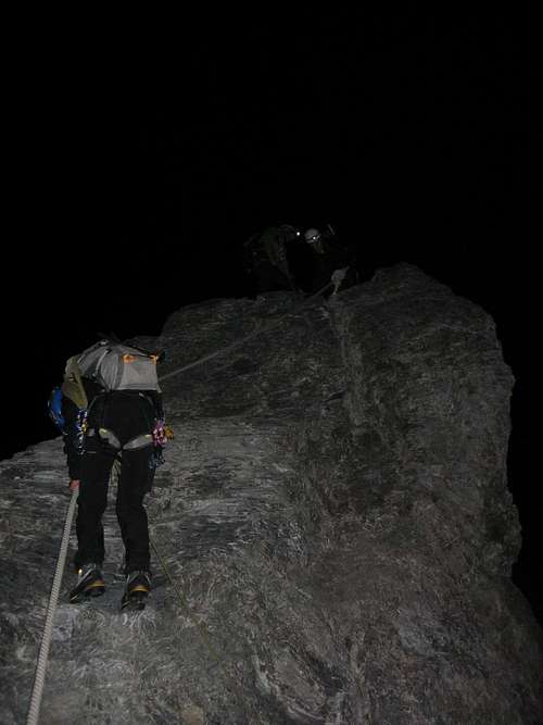 Ascending a fixed rope before sunrise